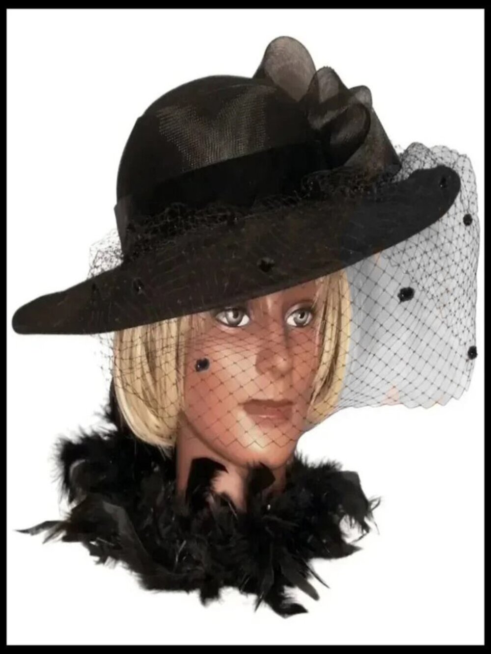 Vintage Black Hat & HATBOX, Wide Brim 80s does 40s Film Noir Femme Fatale - Picture 5 of 8